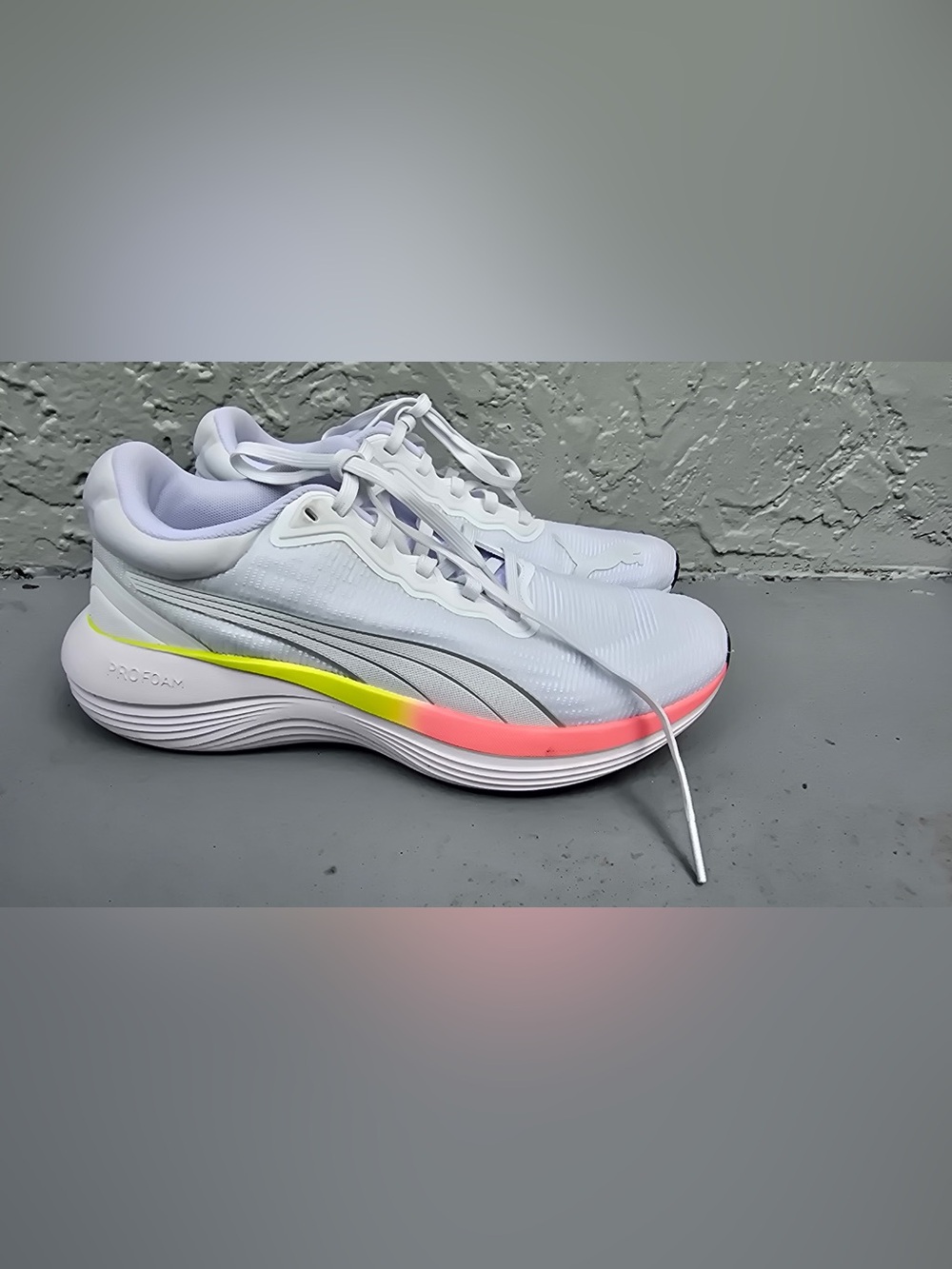 Puma White Running Sneakers with Neon Pink and Yellow Midsole Size 8 Women